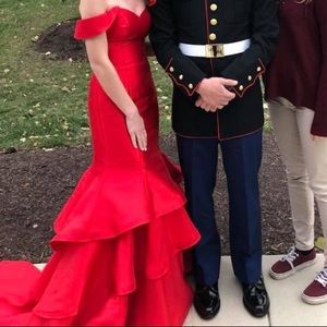 Red taffeta long corset prom dress